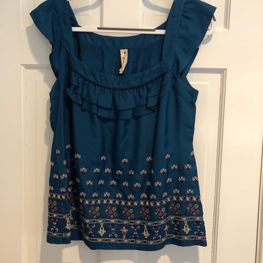 Anthropologie Floreat Teal Silk Top Size 8 EUC - Picture 2 of 3